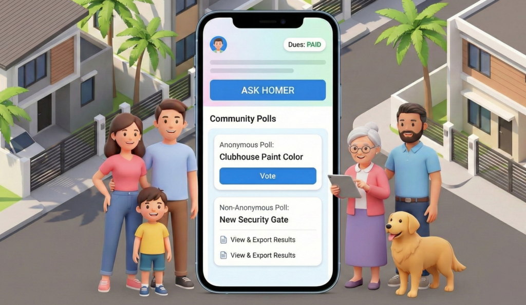 Diverse neighbors using the HOA Plus app for community voting polls in a Philippine subdivision