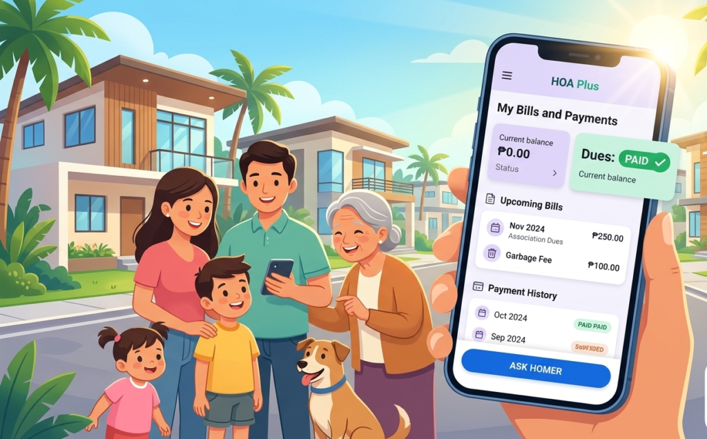 Neighbors in a Philippine subdivision viewing their HOA dues payment status on the HOA Plus app to ensure financial transparency