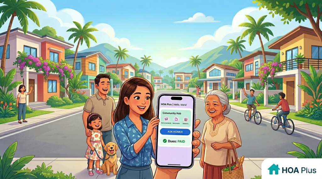 Happy neighbors in a Philippine subdivision using the HOA community hub on a smartphone