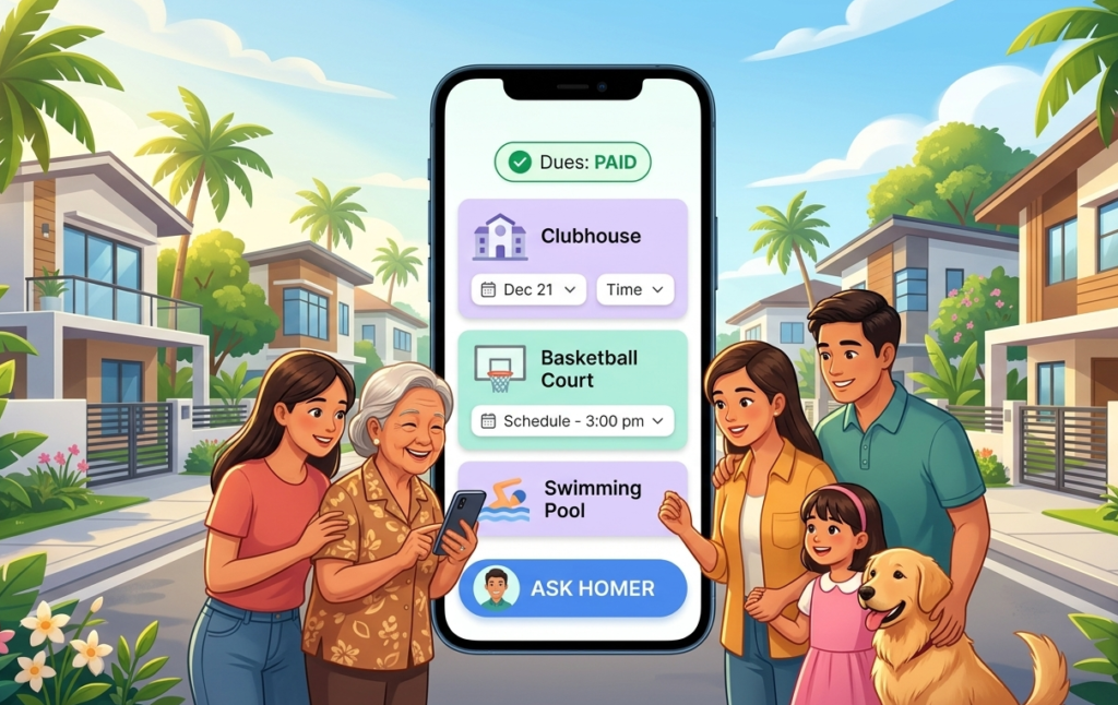Neighbors in a Philippine subdivision using the HOA Plus app to book a basketball court and clubhouse
