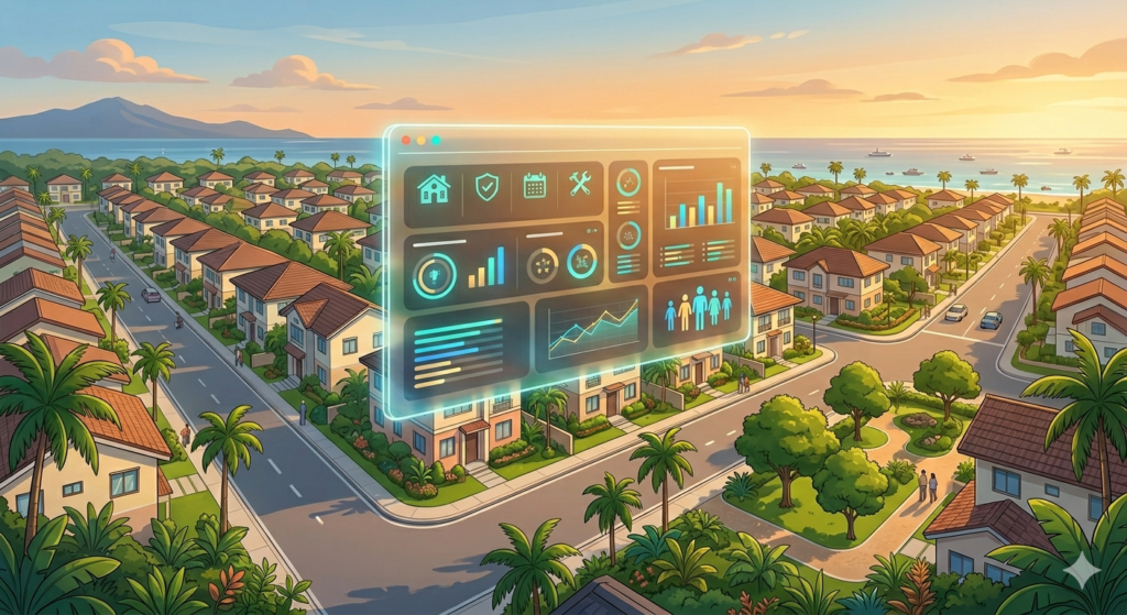 HOA community vitals dashboard showing real-time subdivision metrics like collection rates and security data over a Philippine neighborhood