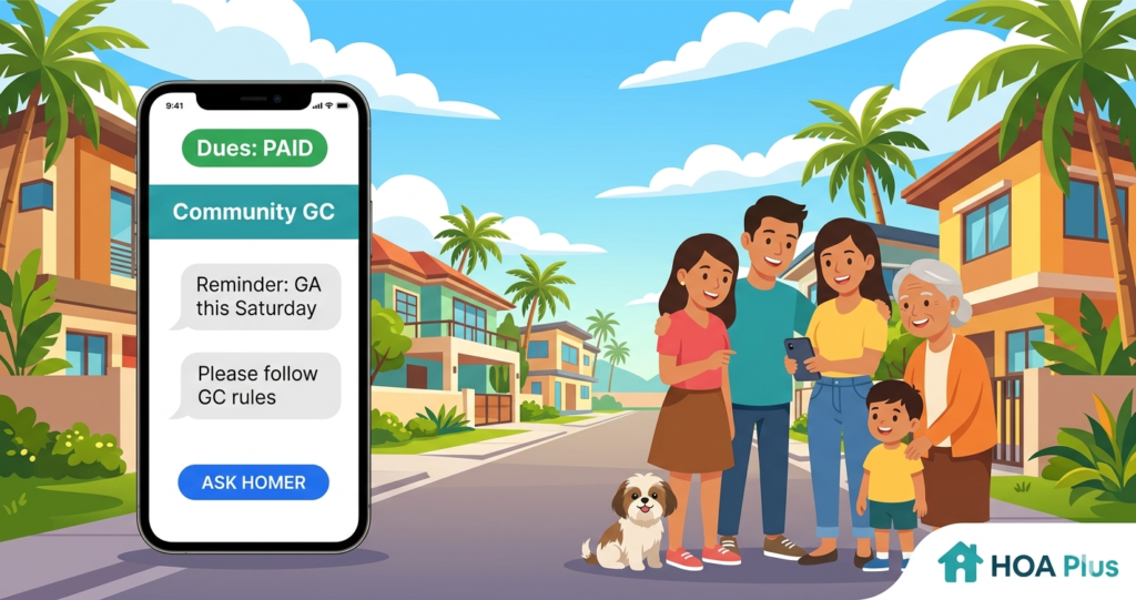 Subdivision group chat etiquette - Filipino neighbors viewing community GC rules on HOA Plus app