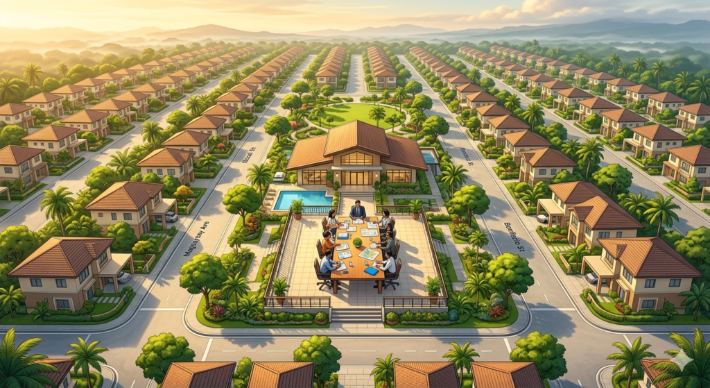Aerial view of a well-maintained Philippine subdivision with a community clubhouse where HOA board members are meeting — representing HOA board member duties in the Philippines