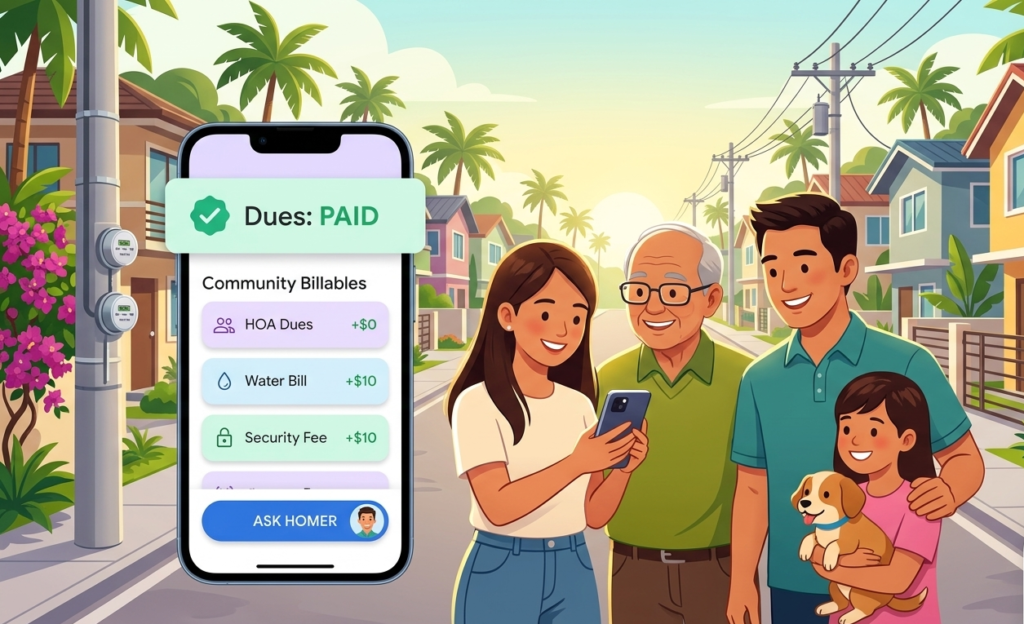A Filipino family and a senior resident looking at a smartphone showing a "Paid" status for community billables in a subdivision setting.