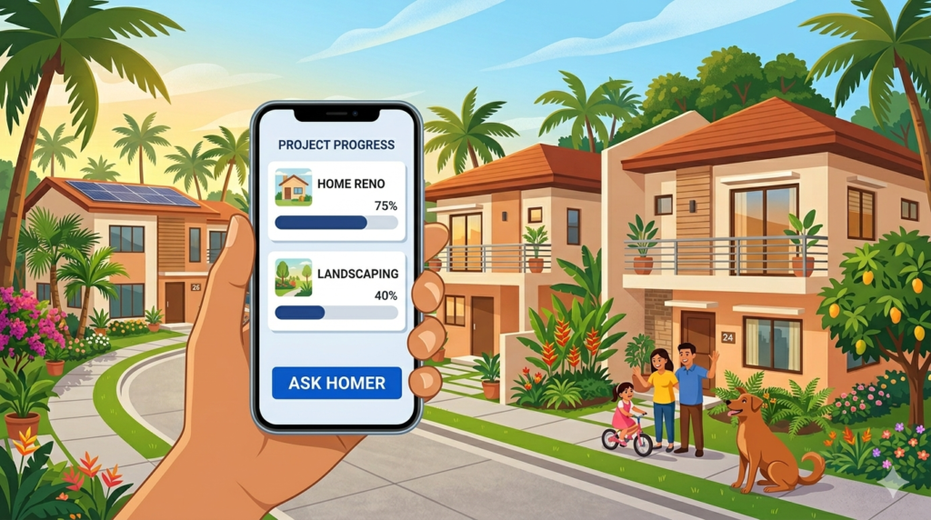 HOA project tracking transparency - Filipino families in a subdivision community with a smartphone showing project budgets and milestones