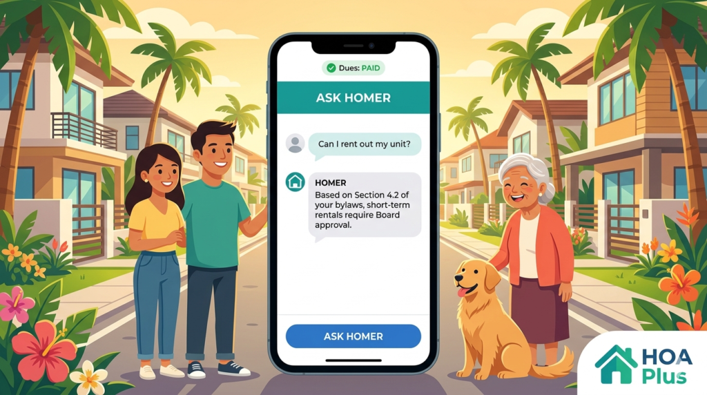 HOA bylaw search tool - Filipino neighbors using HOMER on HOA Plus app to search subdivision bylaws