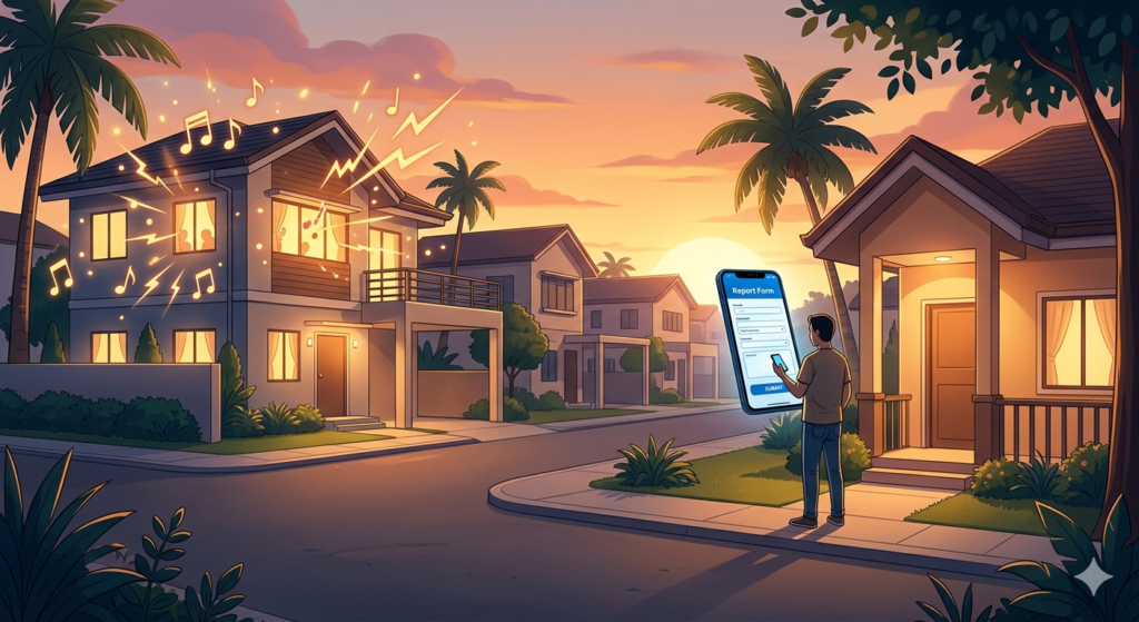 Philippine subdivision at sunset showing a noisy neighbor house with musical notes and a calm resident using HOA Plus app on smartphone to file a noise complaint