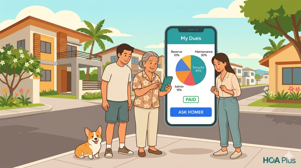 HOA dues transparency Philippines - Filipino homeowners checking community finances on HOA Plus app