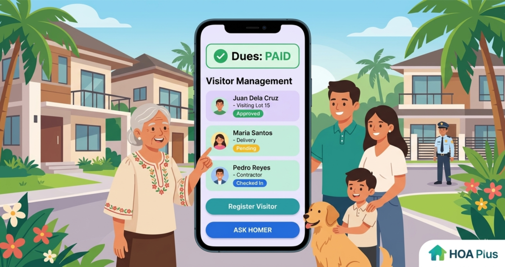HOA Plus subdivision visitor management app showing digital gate logging and visitor approval on a smartphone
