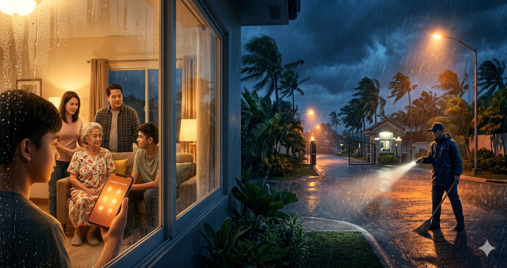 Filipino family safe inside their home during a typhoon with emergency contacts on phone and security guard outside in a Philippine subdivision