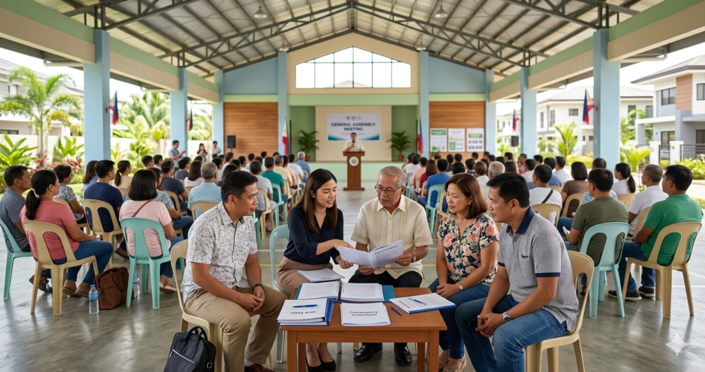 Filipino homeowners at a subdivision General Assembly meeting discussing RA 9904 and community rules