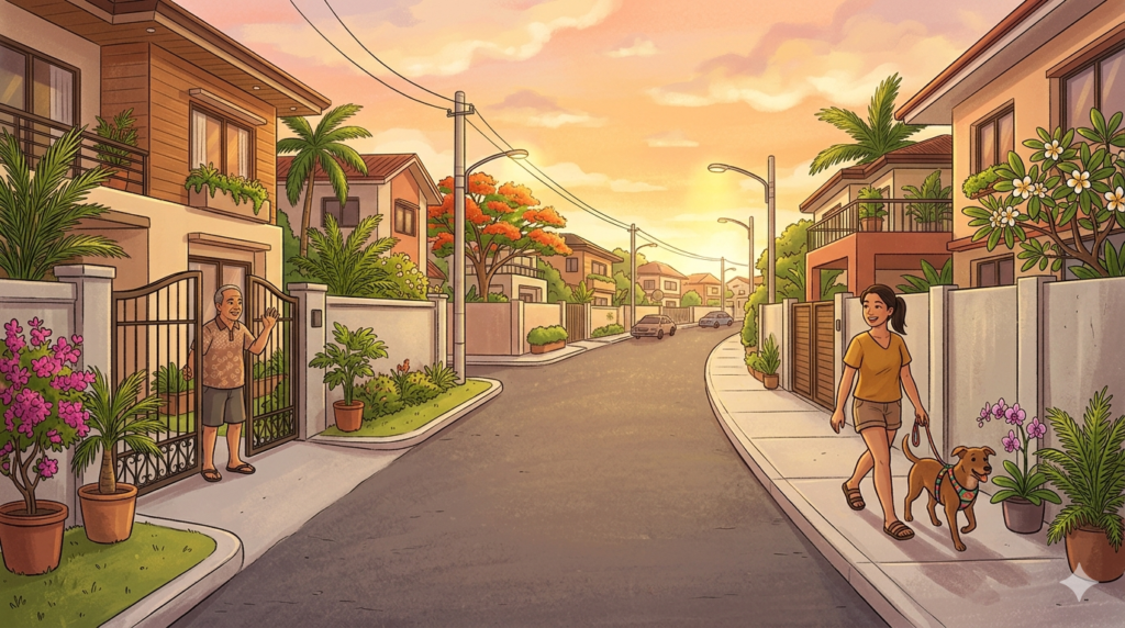 Subdivision pet rules Philippines - woman walking leashed dog in a peaceful Philippine subdivision