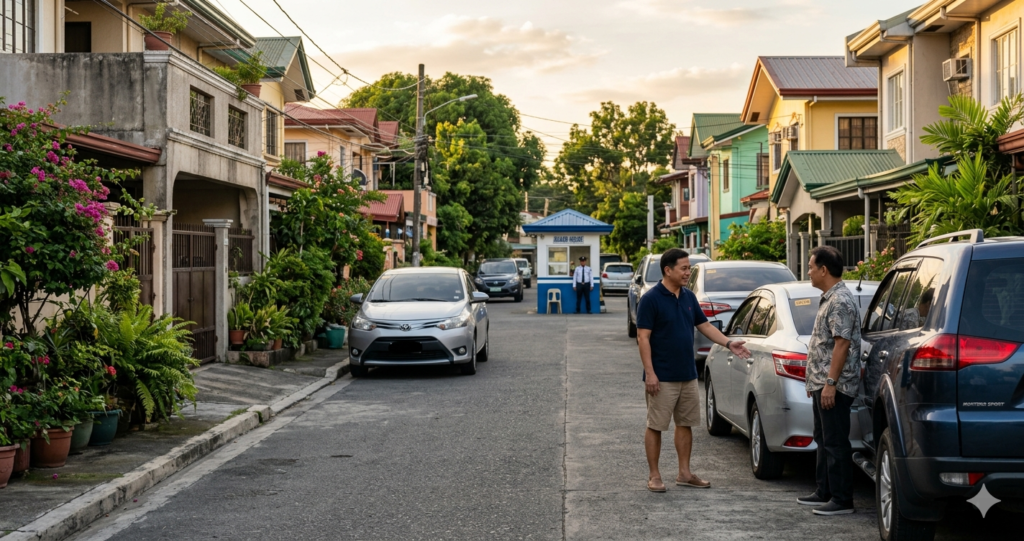 Two Filipino neighbors having a calm conversation about parking on a Philippine subdivision street during golden hour
