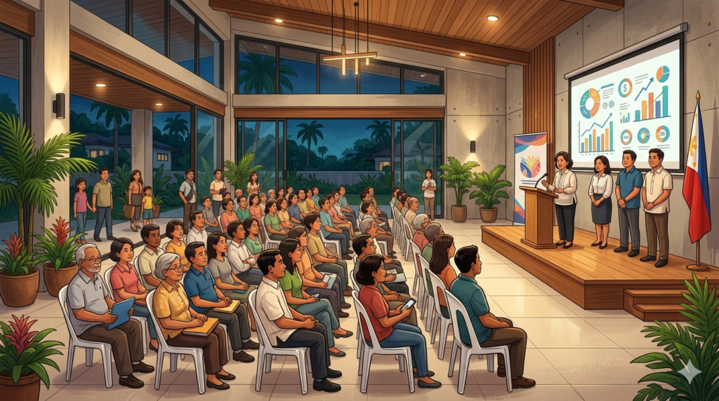 HOA general meeting Philippines - residents gathered in a subdivision clubhouse for their community assembly