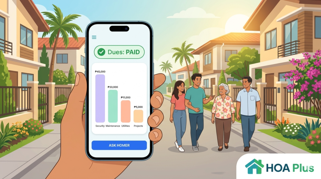 HOA budget Philippines illustration showing transparent dues breakdown on the HOA Plus app