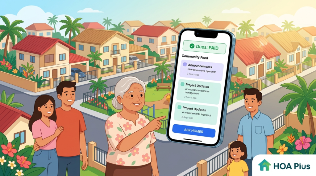 Illustration of a well-managed subdivision in the Philippines with happy neighbors using the HOA Plus app